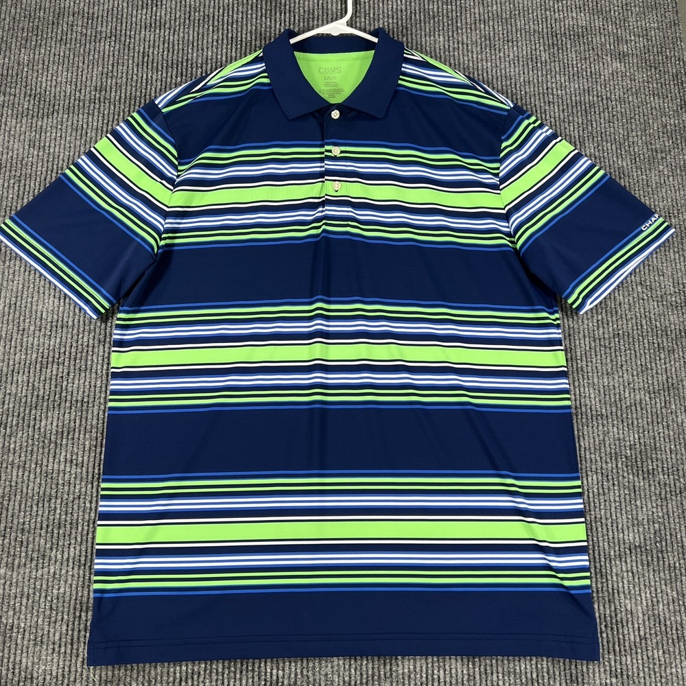Chaps Polo Shirt Golf Mens Size Large Blue Green Striped Short Sleeve Light Soft